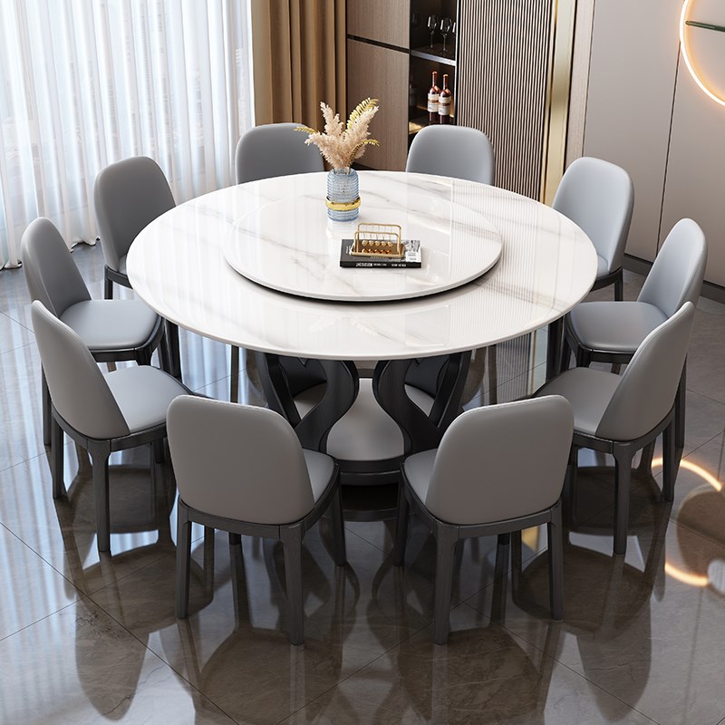 实木岩板餐桌椅现代高端小户型圆形家用圆桌带转盘吃饭桌