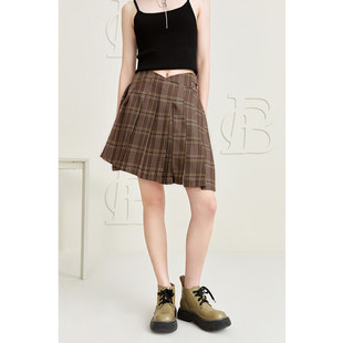 女式 鸟撤柜正品 夏季 A075复古格纹不规则百褶裙半裙 中短裙子 剪牌