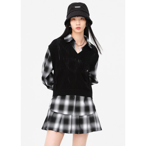 鸟撤柜春秋休闲两件式格纹衬衫