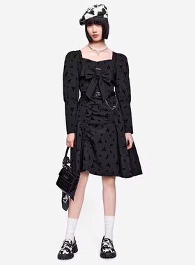 鸟撤柜女装剪牌 L219优雅抽皱植绒连衣裙 春秋高级感设计师款小众