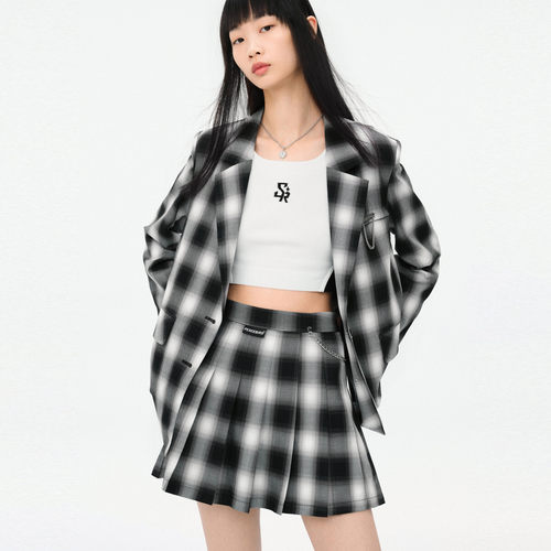 格纹廓形西装休闲单西上衣外套女