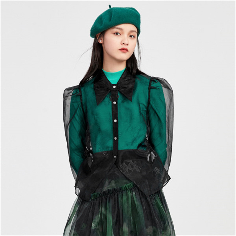 法式小资小上衣欧根纱印花衬衫