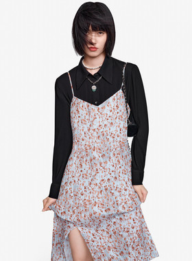 透气免烫压褶满印吊带连衣裙 鸟撤柜女装 一线品牌 剪牌清仓L225