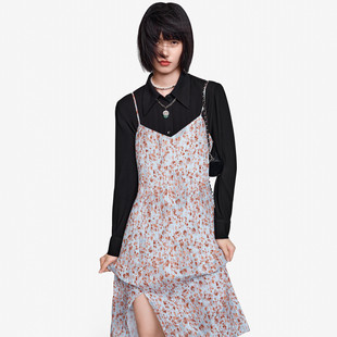 剪牌清仓L225 一线品牌 透气免烫压褶满印吊带连衣裙 鸟撤柜女装