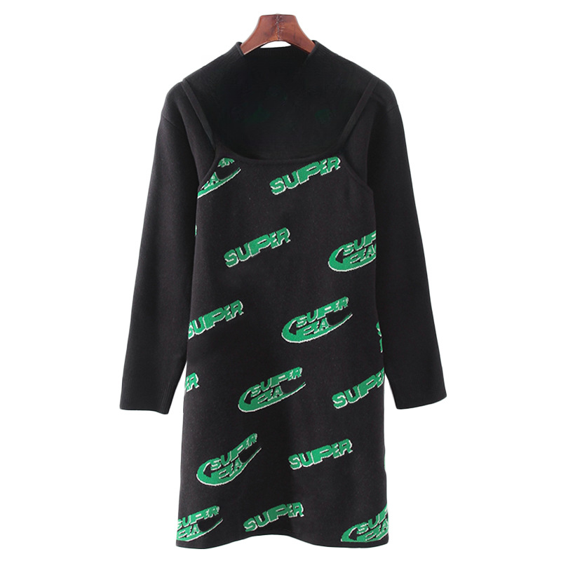 春秋绵羊毛提花两件套针织连衣裙