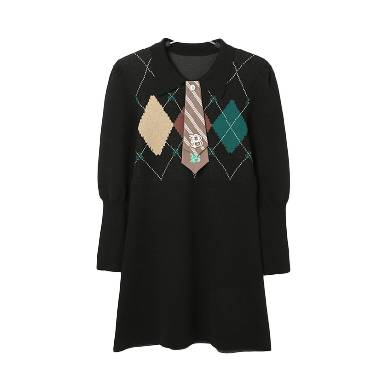 春秋针织翻领菱形格学院风连衣裙