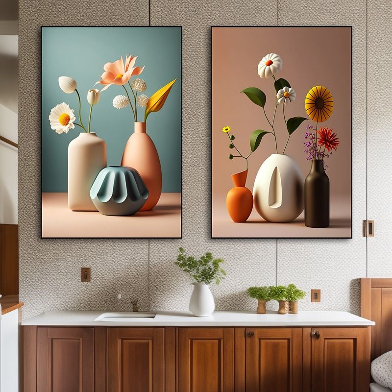 饭厅二联装饰画现代简约花瓶壁画背景墙轻奢花卉客厅酒店自黏贴画图片