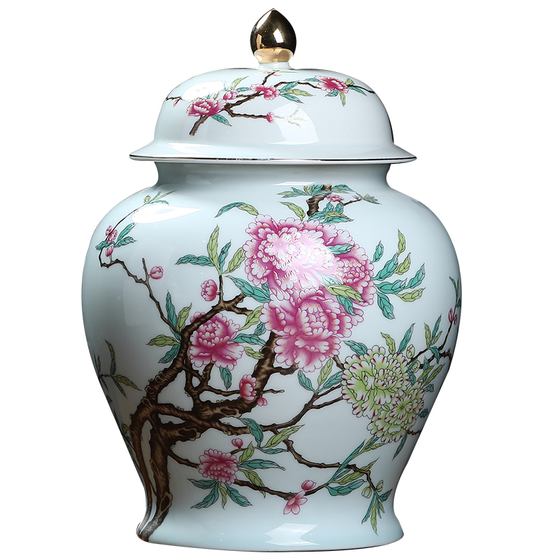 东方泥土陶瓷牡丹储藏罐茶叶罐摆件中式家居客厅博古架茶桌装饰品