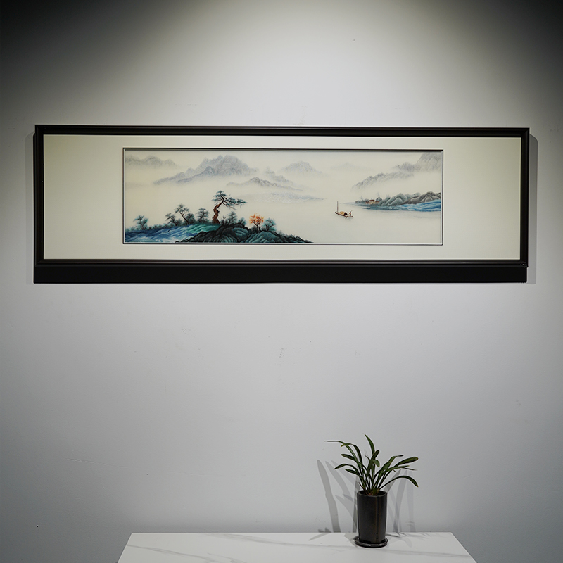 客厅沙发背景卧室刺绣纯手工山水风景画一帆风顺苏绣成品装饰挂画图片