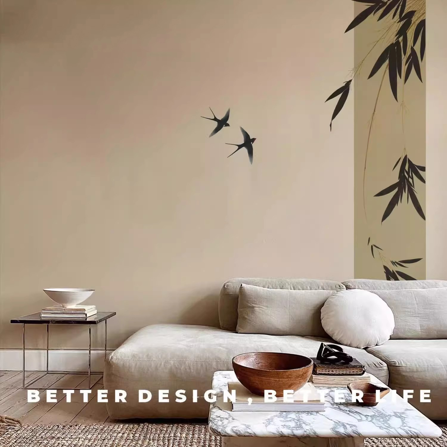 wawa定制小红书高端墨竹图燕子新中式背景墙无缝壁布硬包酒店定制