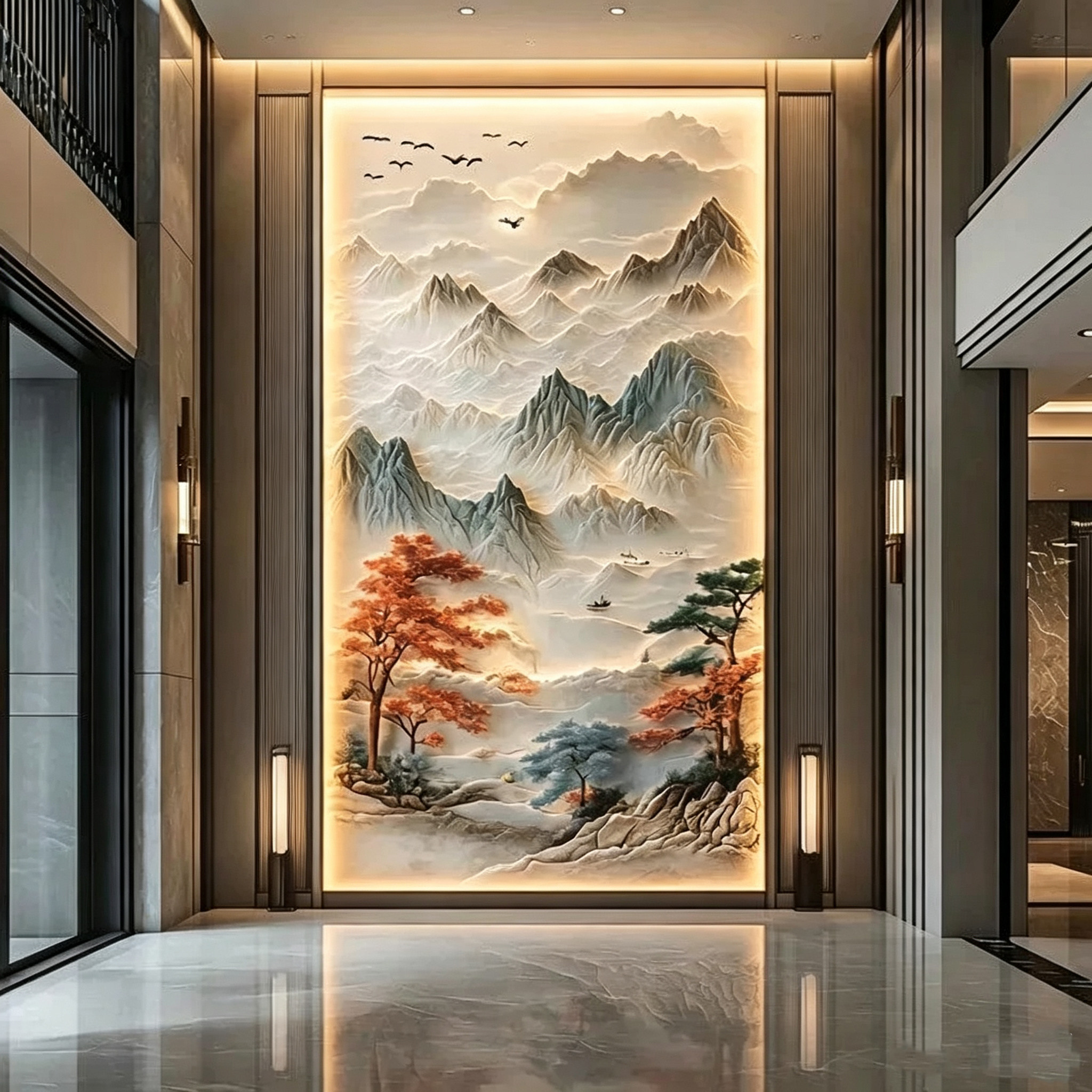 轻奢山水浮雕32D壁画别墅挑高复式楼电视背景墙酒店大堂挑空墙纸
