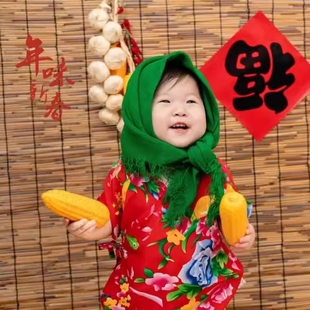 东北大花布头巾棉绸绿色三角巾演出配饰儿童民族风围巾二人转头饰