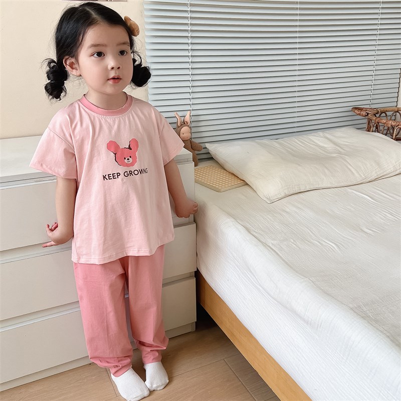 女童夏季纯棉睡衣套装薄款儿童短袖长裤家居服宽松洋气宝宝空调服