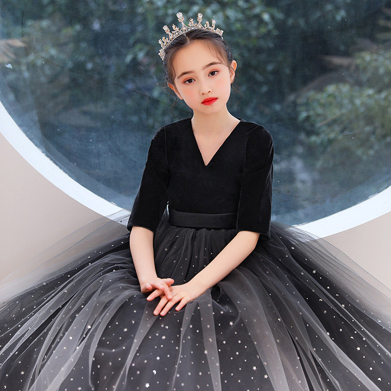 女童晚礼服儿童公主裙小孩走秀婚纱生日舞台主持人钢琴演出服秋冬