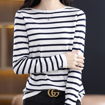 黑白条纹打底衫女内搭洋气时尚薄款圆领针织衫上衣春秋宽松羊毛衫