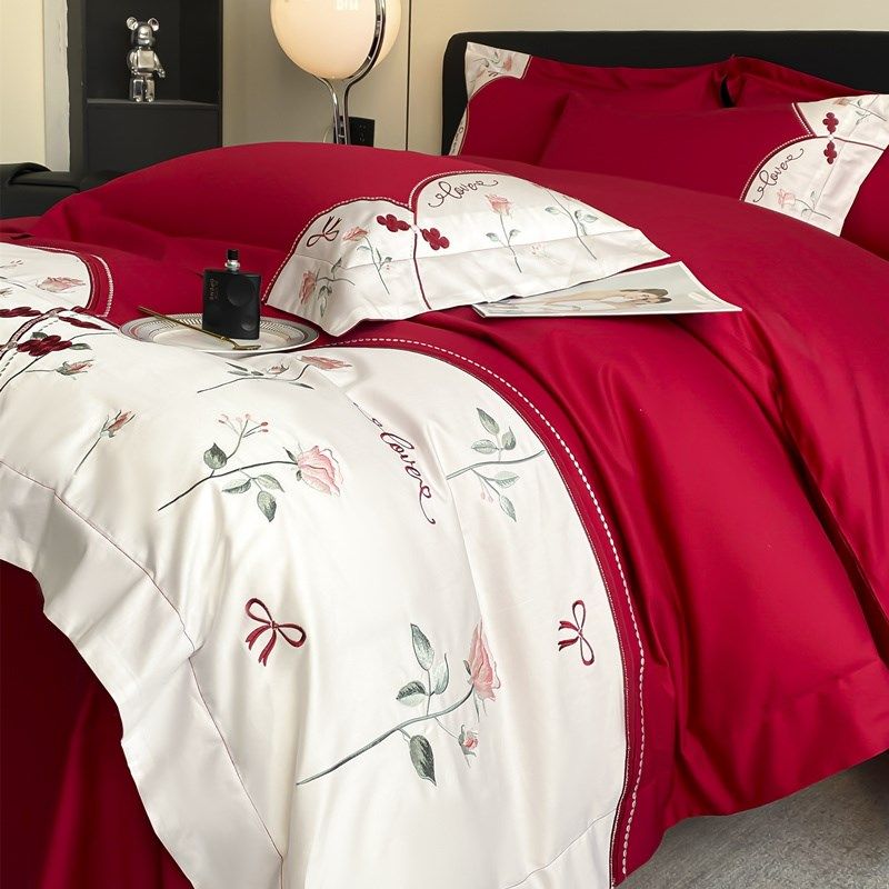 新中式160支长绒棉结婚四件套婚庆红色被套床单喜被婚房床上用品4