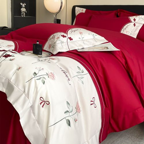 新中式160支长绒棉结婚四件套婚庆红色被套床单喜被婚房床上用品4