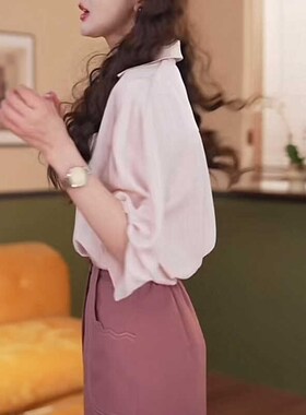 荔枝Lizhi复古港风拼色短袖衬衫女款夏季宽松显瘦高级感气质上衣
