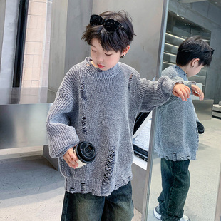 男童秋冬装紫色半高领破洞加厚毛衣2023新款儿童男孩冬季针织衫潮