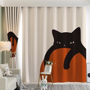 日式 猫咪窗帘简约抽象卧室遮阳布避光全遮光隔热2023防晒绍兴柯桥