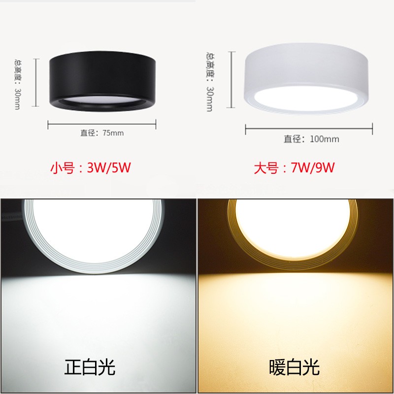 金色明装筒灯led圆形超薄3W5W免开孔吸顶黑色散光走廊过道天花灯