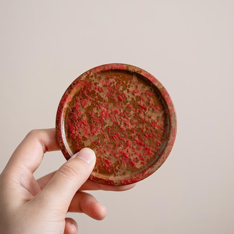 老岩泥满山红赭石釉杯垫 陶瓷复古茶托杯托盘小杯垫隔热垫复古红