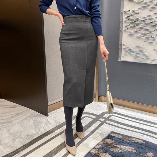 深灰毛呢裙子侧开叉半身裙2024秋冬新款高腰显瘦中长款包臀一步裙