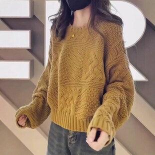 套头针织打底衫 麻花宽松大码 加厚24秋冬新款 100%山羊绒毛衣女短款