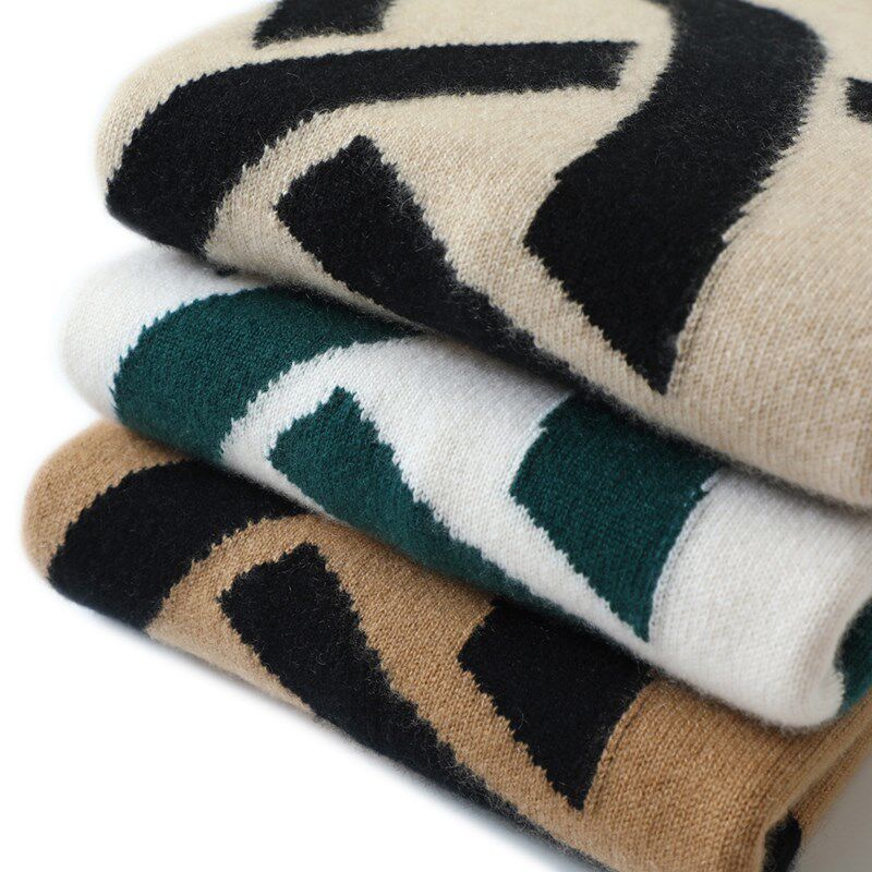 贼好看哈!几何线条编织高领羊绒衫女纯羊绒毛衣套头针织打底衫厚