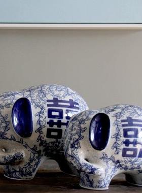 陶瓷大象摆件一对中式装饰品创意家居客厅电视柜青花瓷工艺品