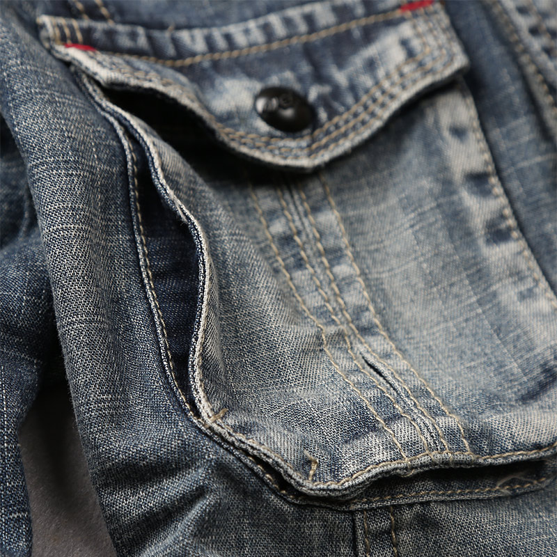 卡威酷潮男春秋装新款肩章牛仔衬衫做旧男士长袖休闲衬衣外套上衣