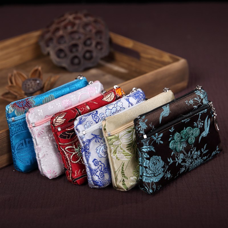 中国风双层云锦绣花零钱包丝绸中国特色盘扣卡包出国送老外礼品
