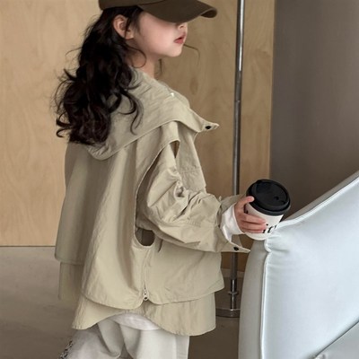 女童春装2025新款童装春秋款男女童假两件中长款儿童连帽风衣外套