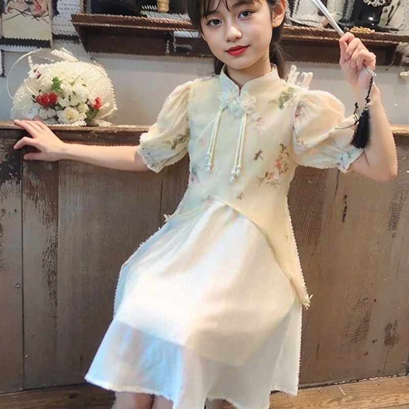 女童旗袍连衣裙夏季2024新款雪纺改良亲肤透气国风盘扣儿童汉服裙