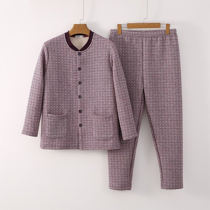 中老年人保暖内衣套装女士三层夹棉开衫秋冬妈妈大码棉衣秋衣秋裤