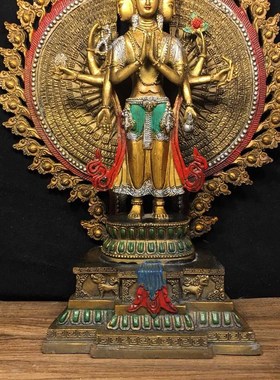 铜彩绘千手观音佛摆件纯铜十一面千手千眼观世音菩萨家用供养佛像