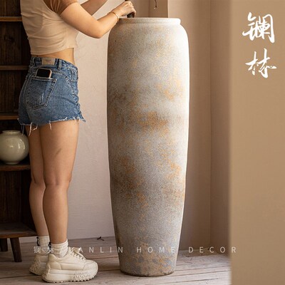 景德镇侘寂风粗陶陶瓷花瓶高级感复古民宿插花陶罐落地大号言溪瓶