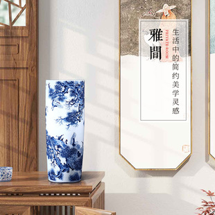 景德镇陶瓷手绘青花瓷落地大花瓶插花箭筒客厅书画缸直筒瓷器摆件