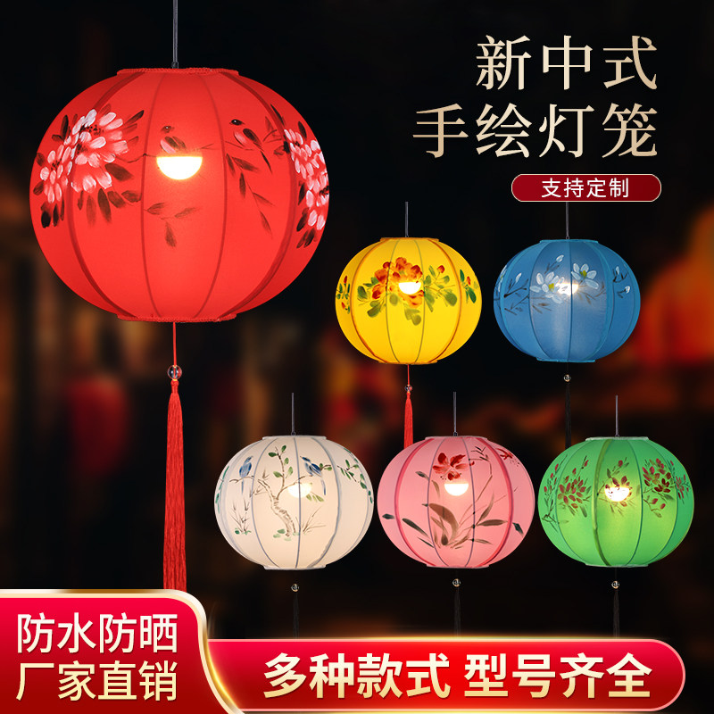 新中式吊灯中国风布艺手绘酒店餐厅饭店景区仿古典圆形绘画灯笼