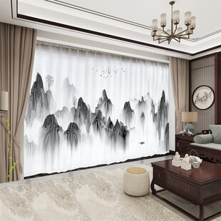 新中式山水风景画窗帘2024新款水墨国风客厅办公室纱帘遮挡隔断帘