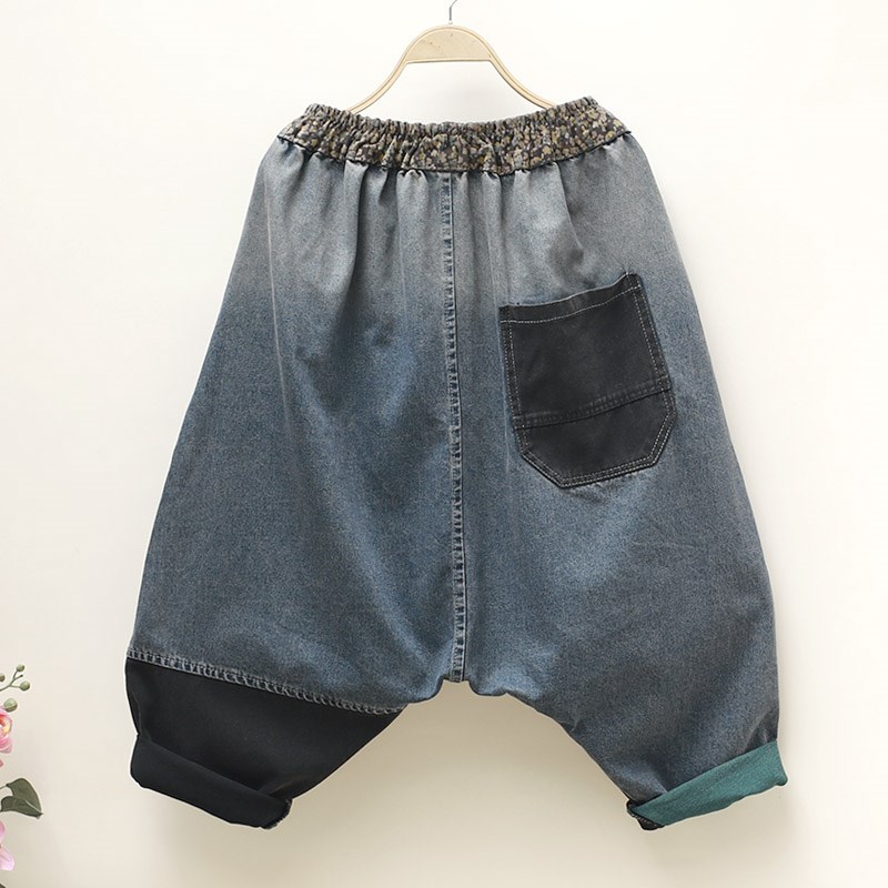 大码女装嘻哈风个性不对称撞色牛仔九分裤高腰宽松吊档哈伦潮垮裤