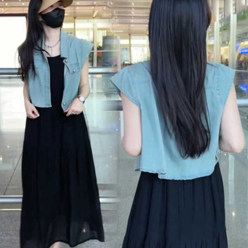 牛仔衬衫吊带连衣裙两件套女2024年夏季新款今年流行漂亮套装长裙