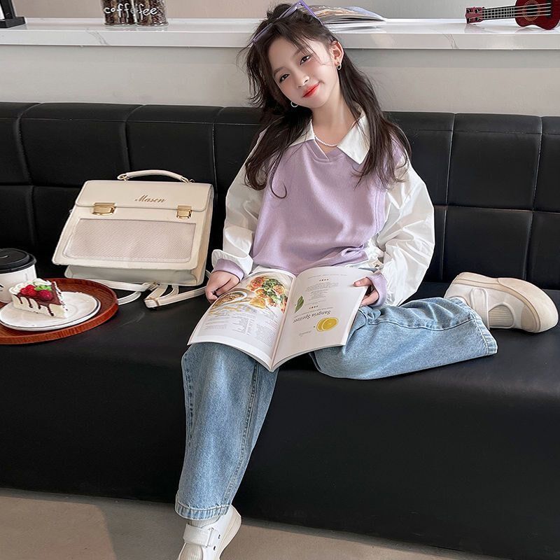 女童秋装套装2024新款洋气时髦针织衫儿童衬衫中大童牛仔裤两件套