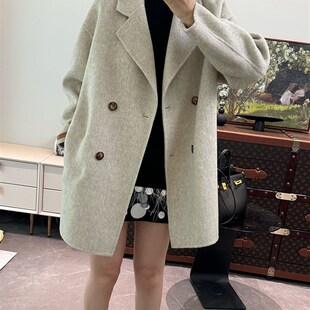 2024新款小个子双面羊毛大衣中长款双排扣西装领宽松毛呢外套