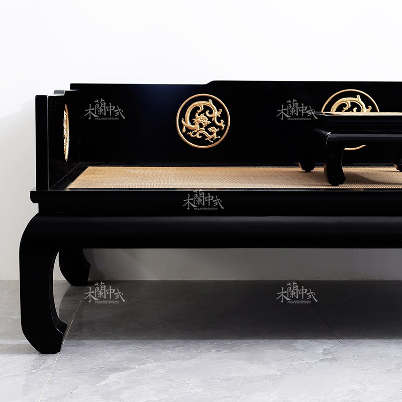 中式三围厚板雕花草龙黑漆罗汉床藤面榆木古典罗汉榻仿古实木沙发
