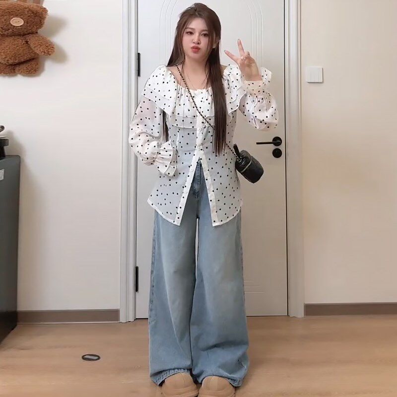 两穿领一字肩波点衬衫牛仔阔腿裤胖mm2025早春款显瘦宽松大码女装