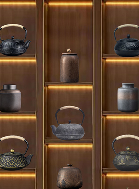 新中式博古架多宝阁复古禅意茶室茶楼茶具茶壶茶叶罐装饰艺术摆件