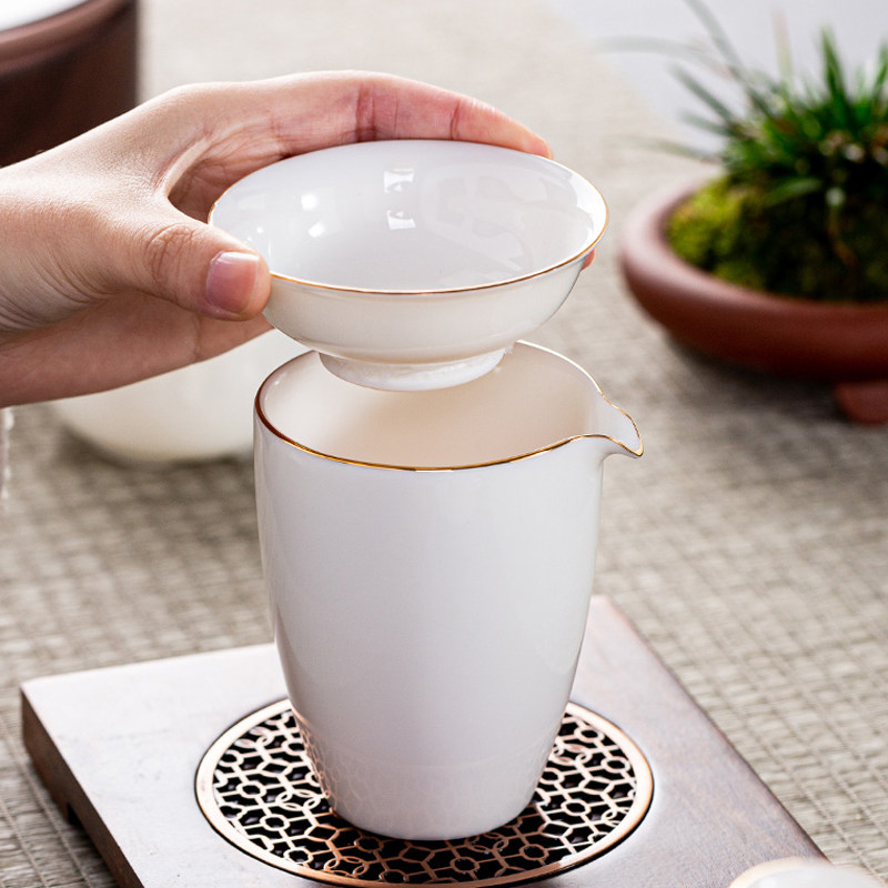 德化羊脂玉白瓷金边全瓷一体茶漏家用陶瓷茶渣网过虑功夫茶具配件
