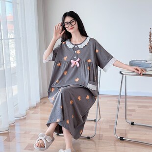 短袖 薄款 孕妇睡衣家居服 胖mm睡裙女200斤夏季 公主风花边甜美大码