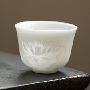 单杯男女个人小号茶碗浮雕茶杯 冰种玉瓷主人杯轻奢品茗杯家用中式